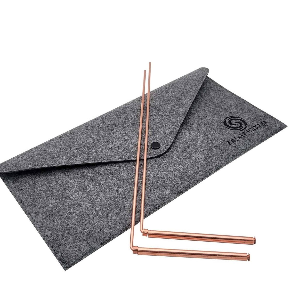 Copper dowsing rod set resting in felt carrying case
