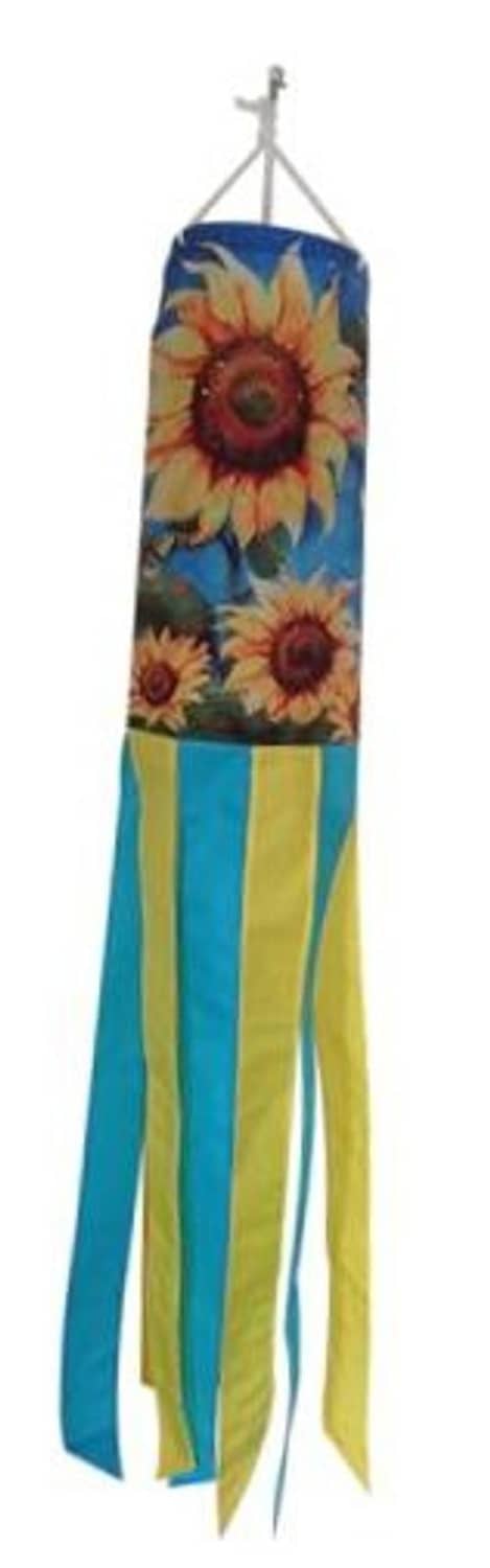 Sunflower windsock with butterfly print and striped light-blue and yellow streamers