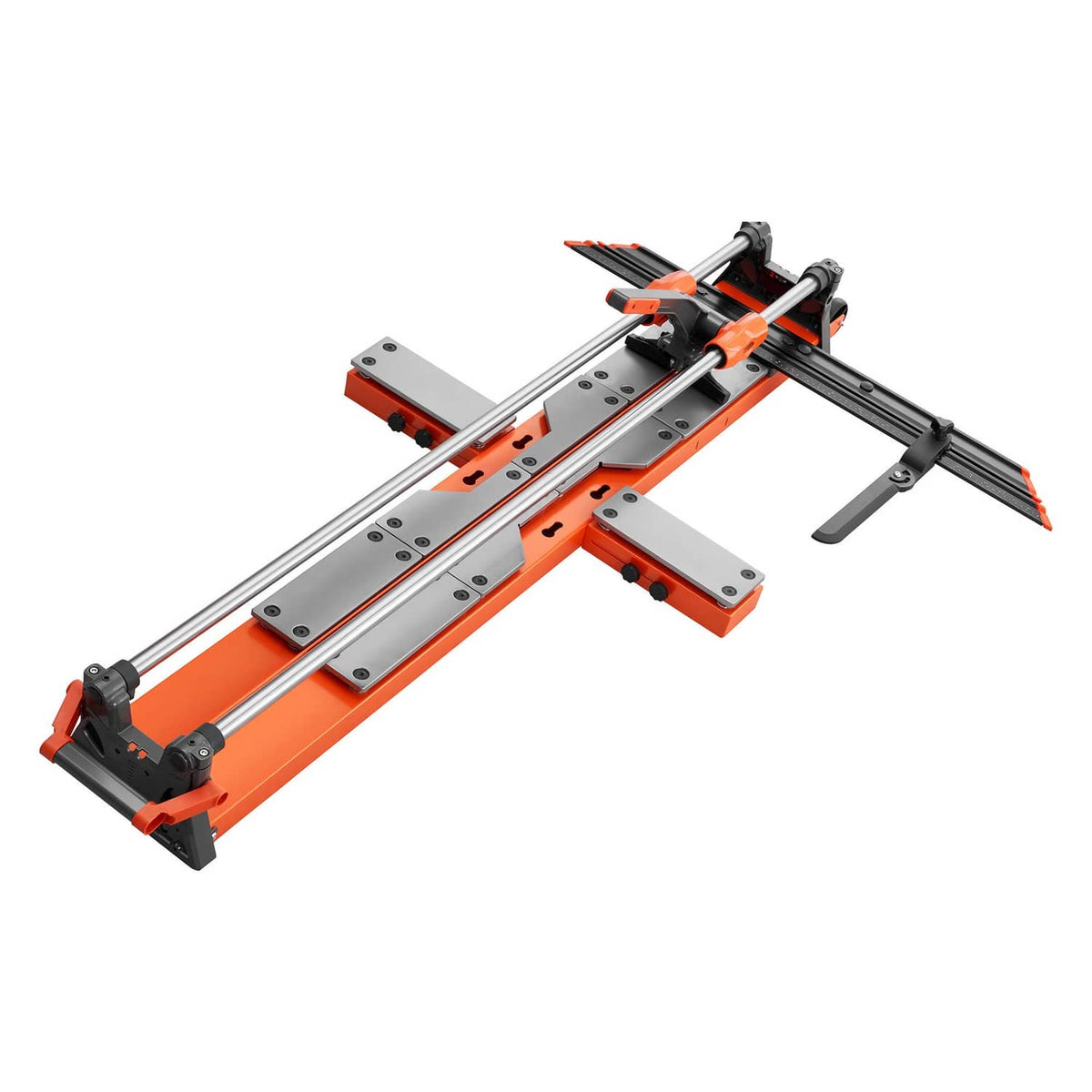 Manual tile cutter with sliding head, orange rail base, adjustable guide and scoring bar