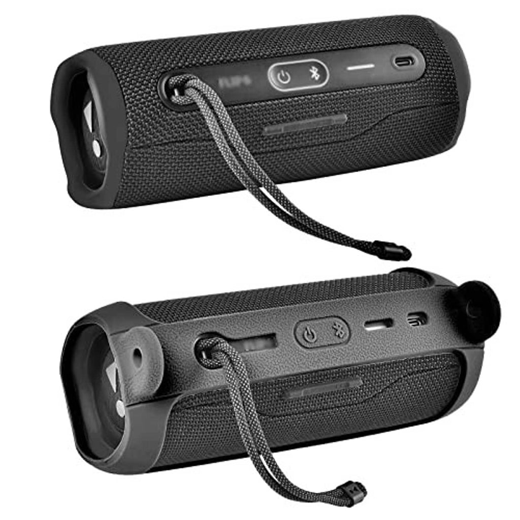 Dark gray silicone speaker case with lanyard strap and front control cutouts.