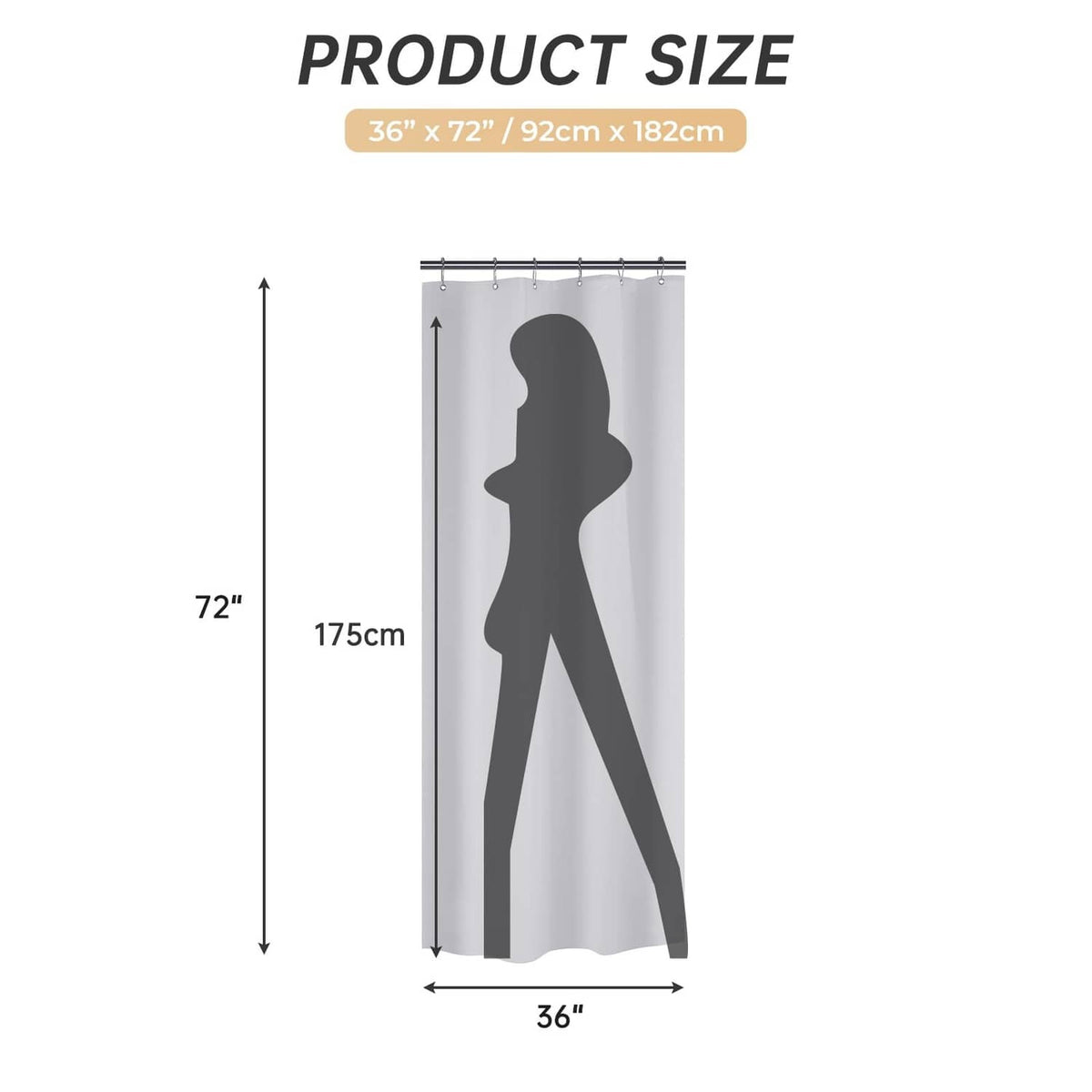 Shower curtain size diagram showing 36 x 72 in dimensions