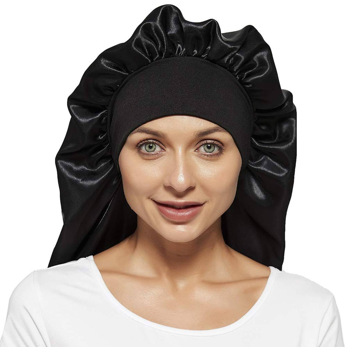 Black satin bonnet with gathered top ruffles and elastic opening