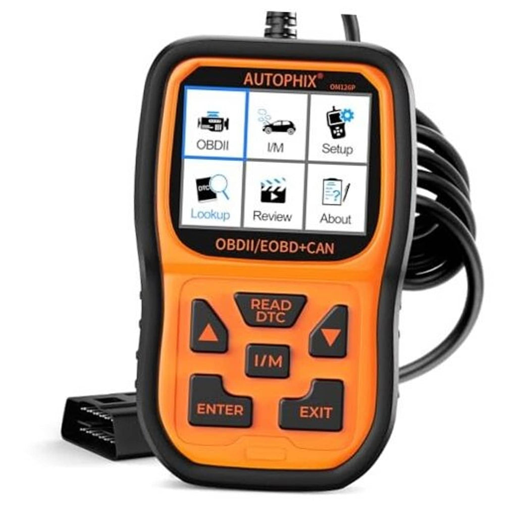Orange and black handheld OBD2 scanner with LCD screen and function buttons