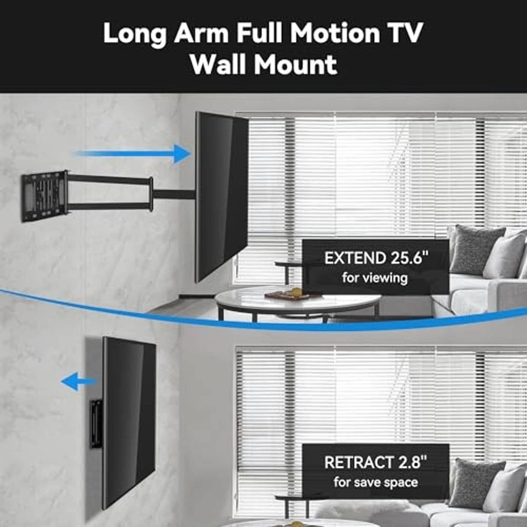 Black full-motion TV wall mount bracket mounted to a wall with extended arm