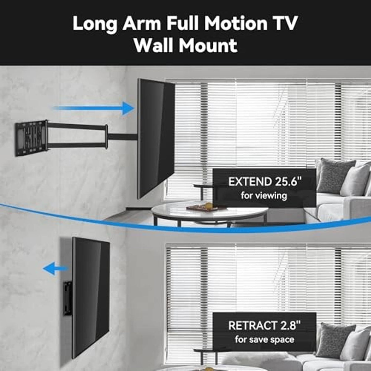 Black full-motion TV wall mount bracket mounted to a wall with extended arm