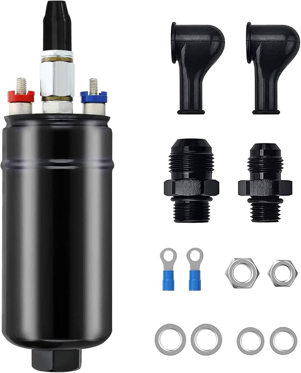 Black inline electric fuel pump with adapters, two elbow ports, and mounting nuts