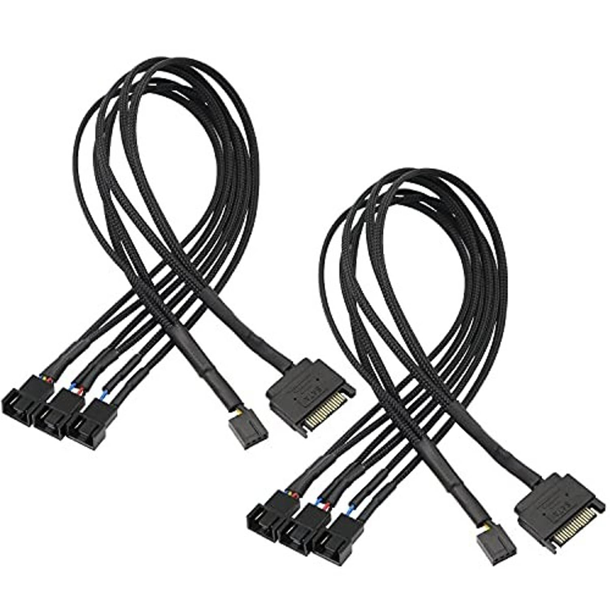 Black SATA fan adapter splitter cable with three PWM fan leads and SATA plug