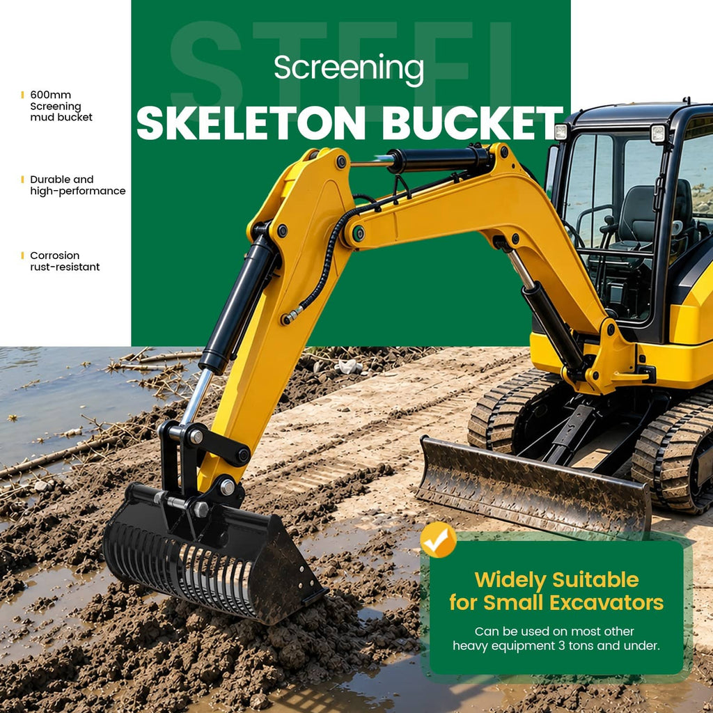 Mini excavator with black screening skeleton bucket attachment and ribbed screening drum