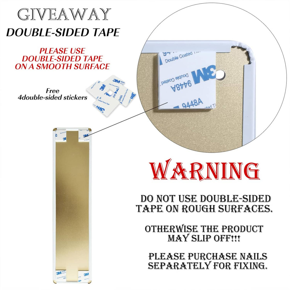 Adhesive mounting instructions with tape and faux tin sign backing