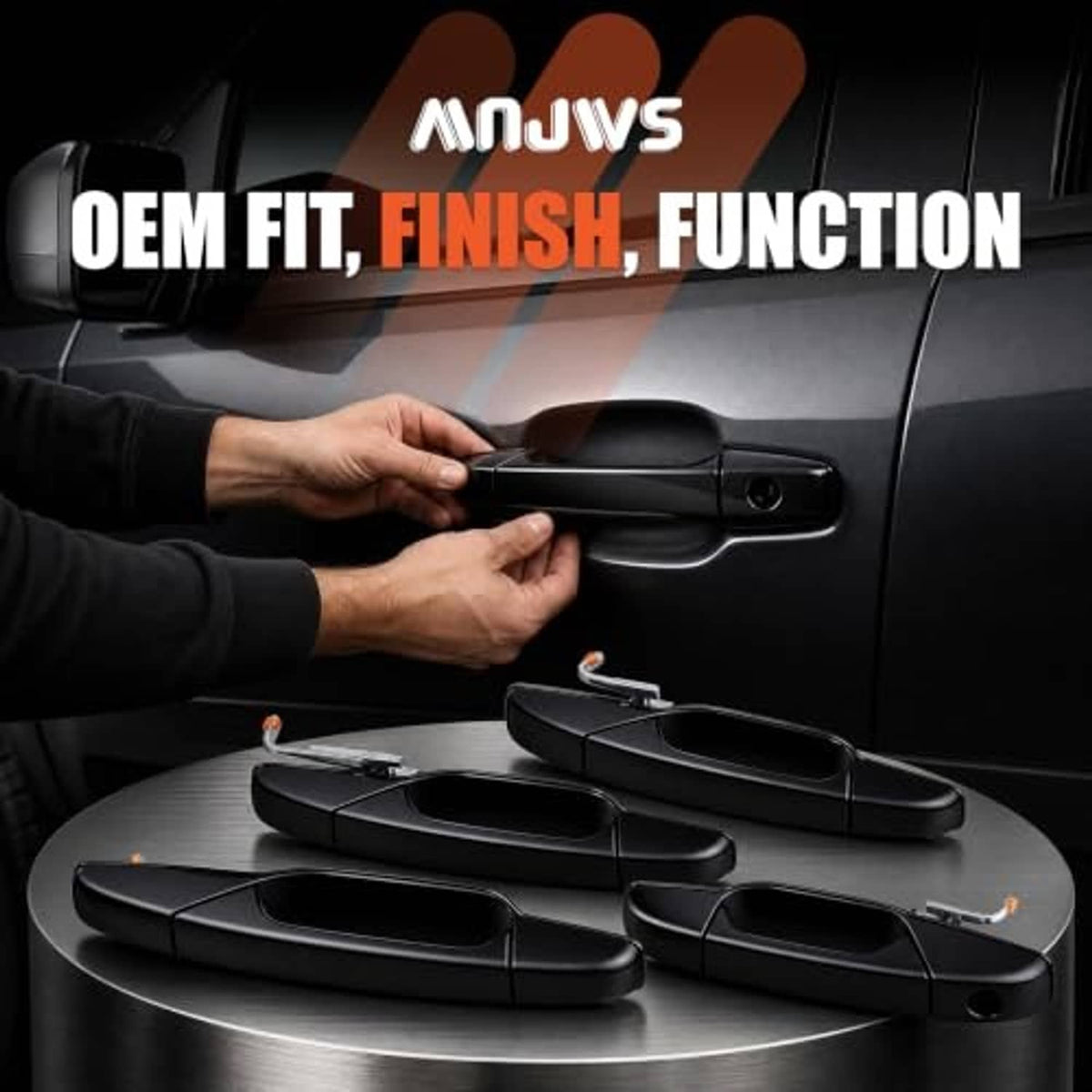 Black exterior door handle being installed by hands, with mounting post visible.