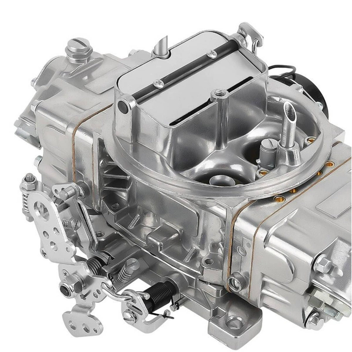 Four-barrel carburetor with electric choke, angled view of fuel fittings and metal casting