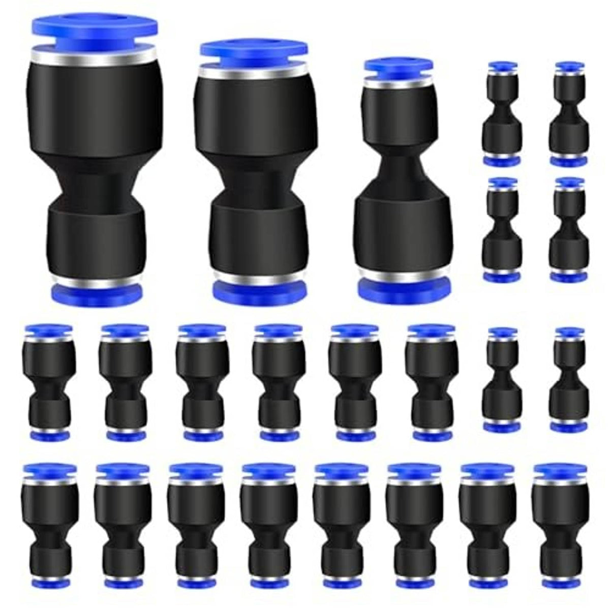 Bundle of push-to-connect reducer fittings, black with blue collars, assorted sizes