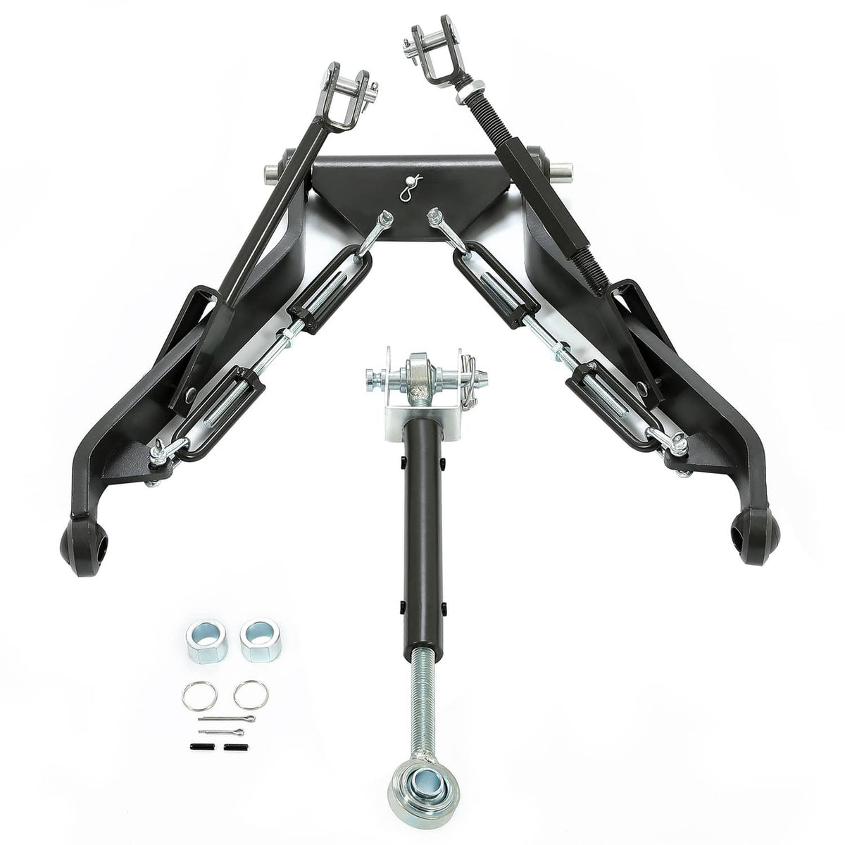 Black 3-point hitch kit with three lift arms, center top link, and mounting hardware