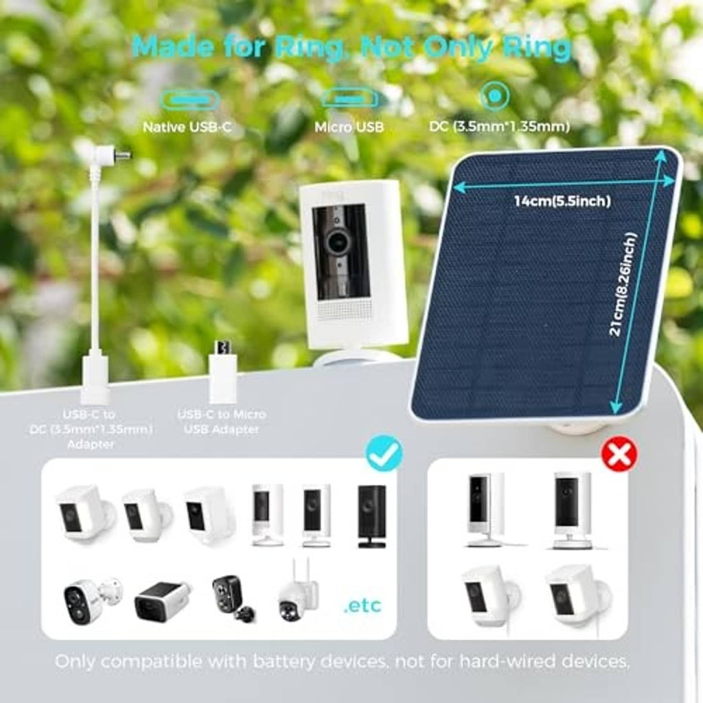 Black solar panel with white mounting base and USB-C, Micro-USB, DC adapters
