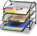 3-tier black metal mesh document organizer with sliding trays and curved handle frame