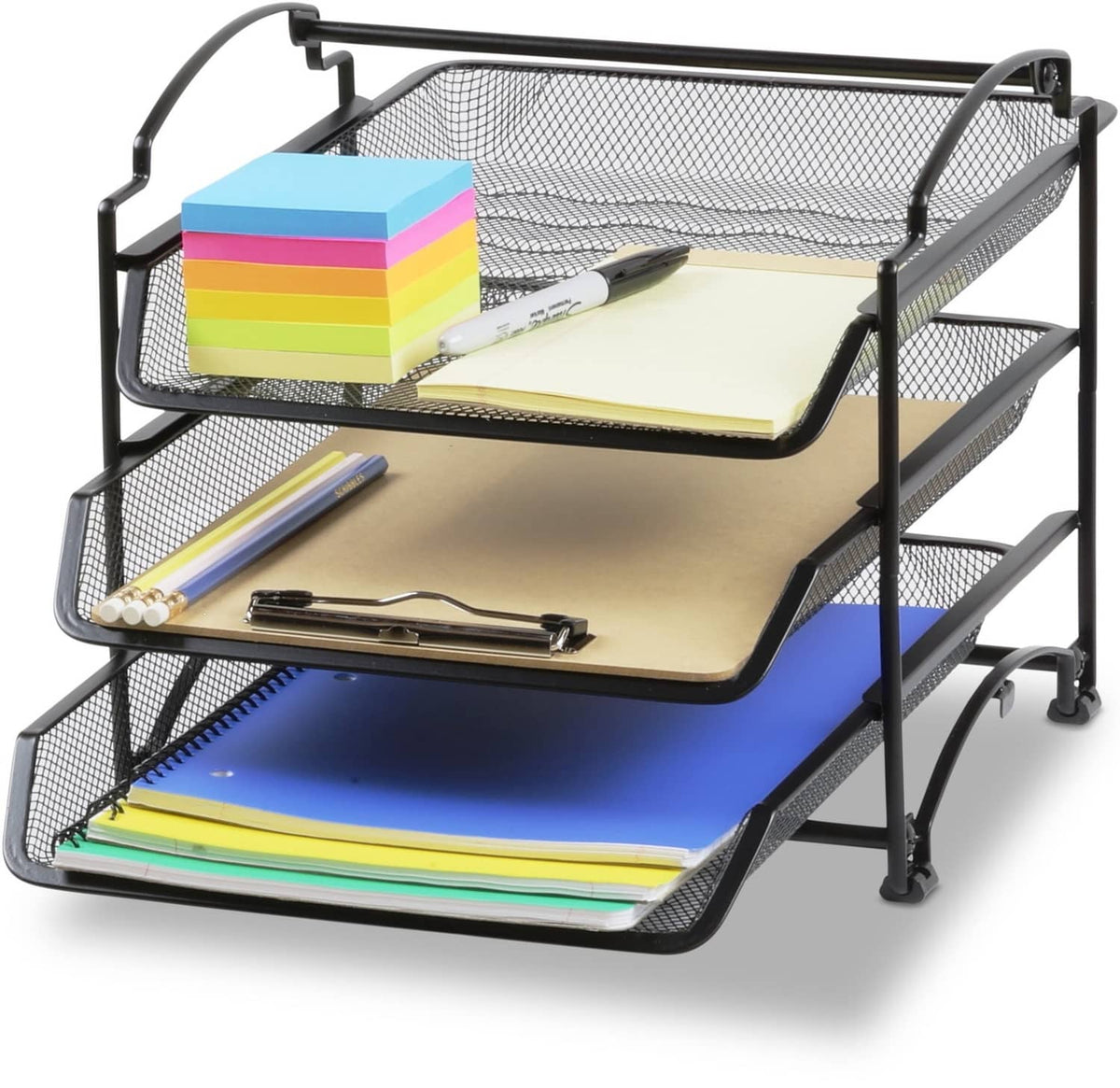 3-tier black metal mesh document organizer with sliding trays and curved handle frame