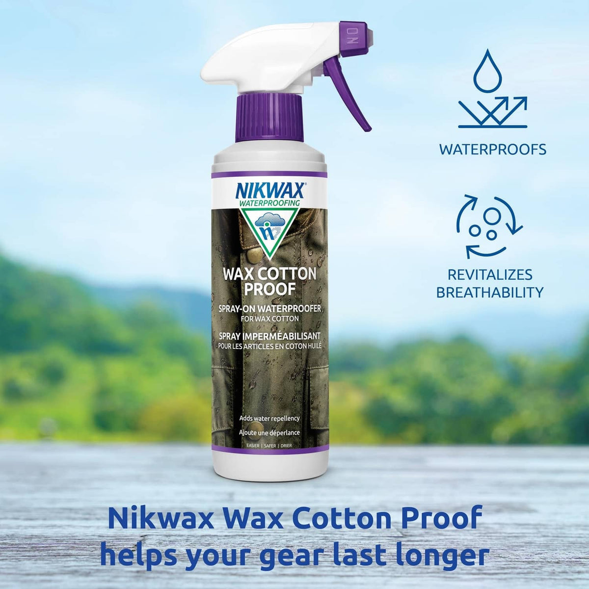 Nikwax Wax Cotton Proof spray-on waterproofing bottle with water droplet and breathability icons