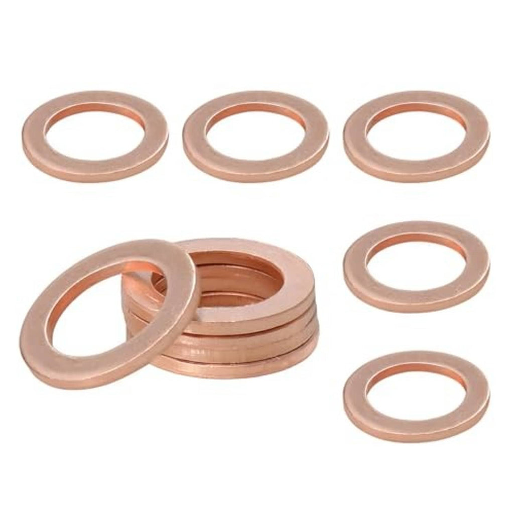 Copper oil drain plug crush washer gaskets, stacked and loose round seals