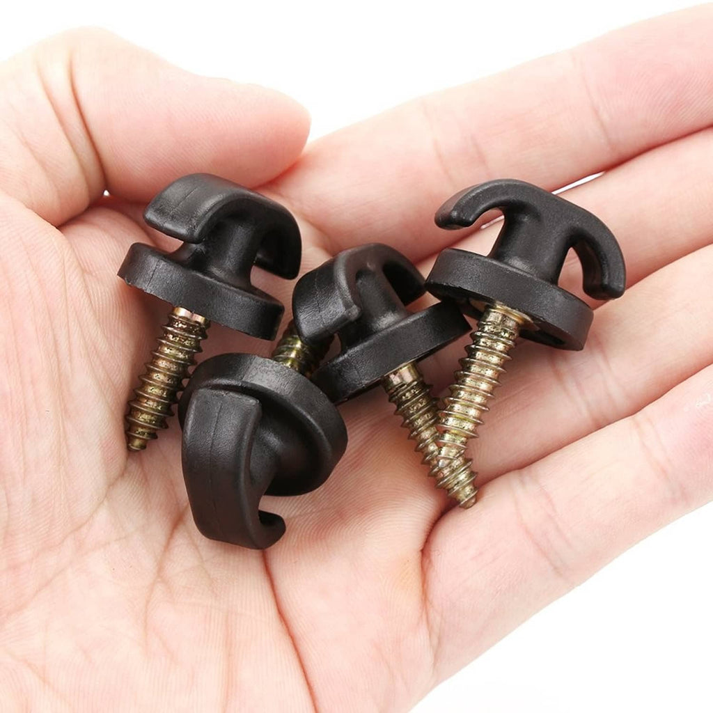 Four black cargo net hooks with gold screws, viewed in hand