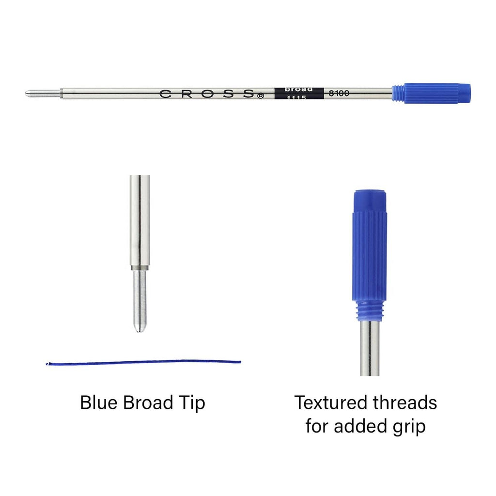 Blue broad ballpoint refill with tip, plus textured grip threads on barrel