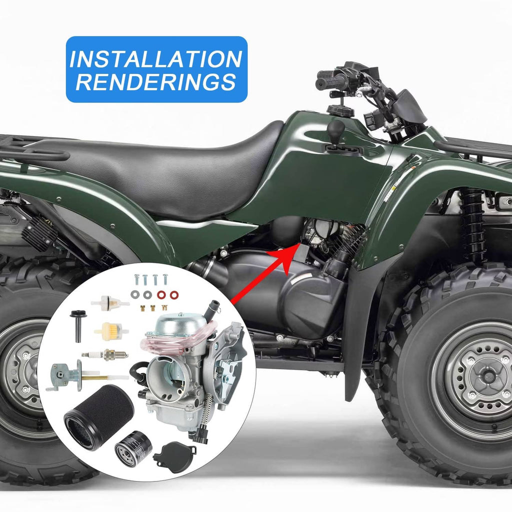 Carburetor installation on ATV engine, shown with highlighted intake area.