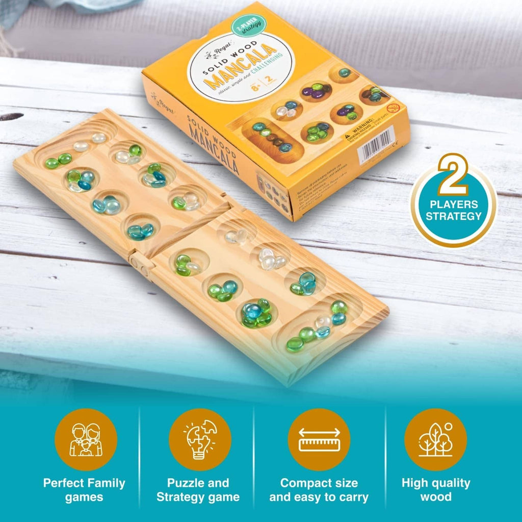 Solid wood mancala board with colorful glass stones and boxed set