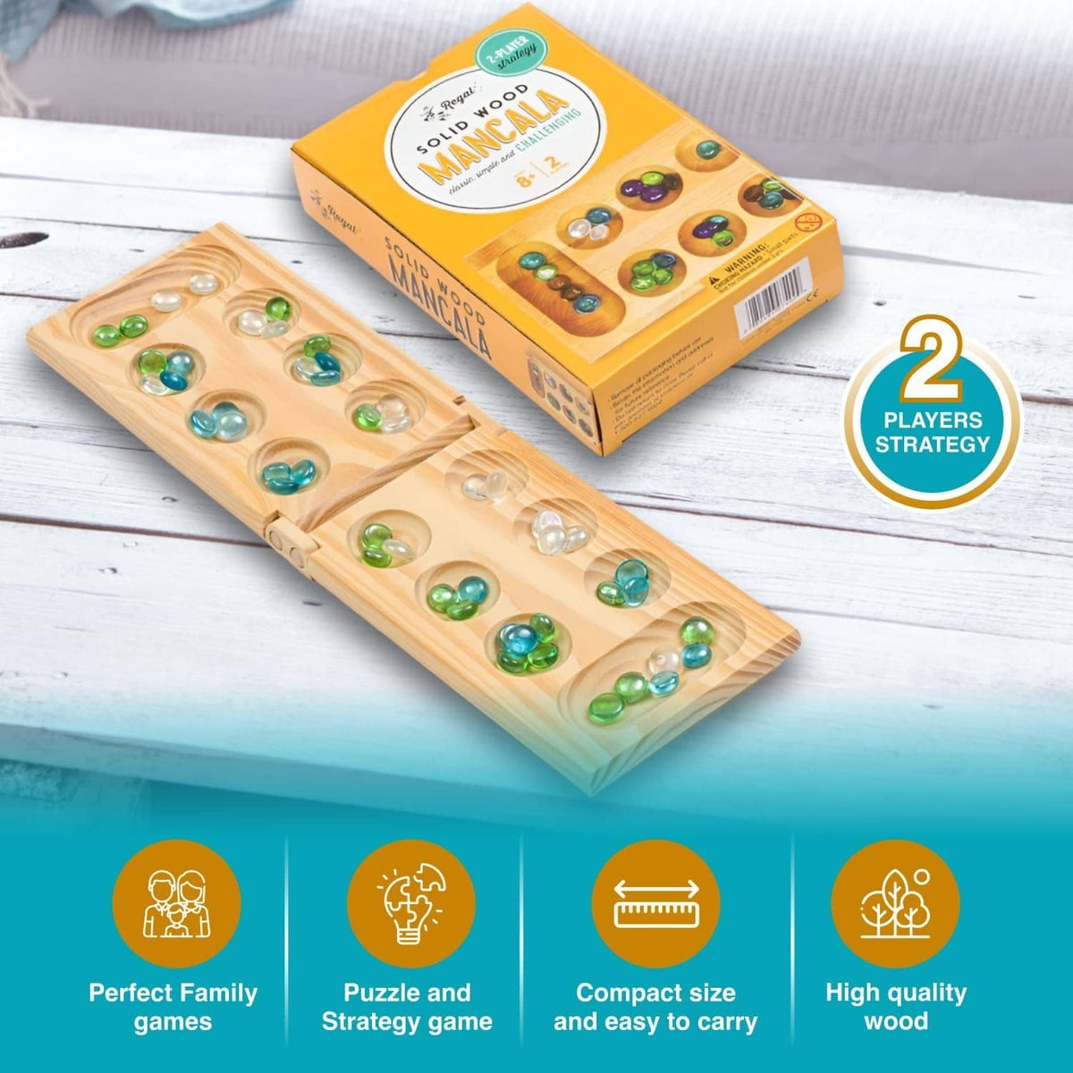 Solid wood mancala board with colorful glass stones and boxed set