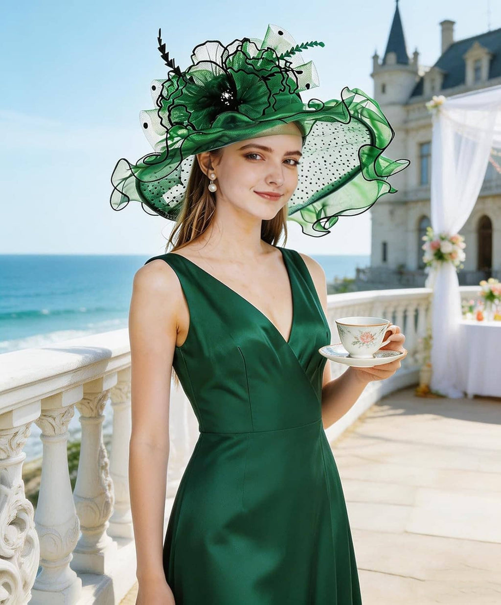 Women's green organza wide-brim derby hat with ruffled flowers and dotted mesh veil