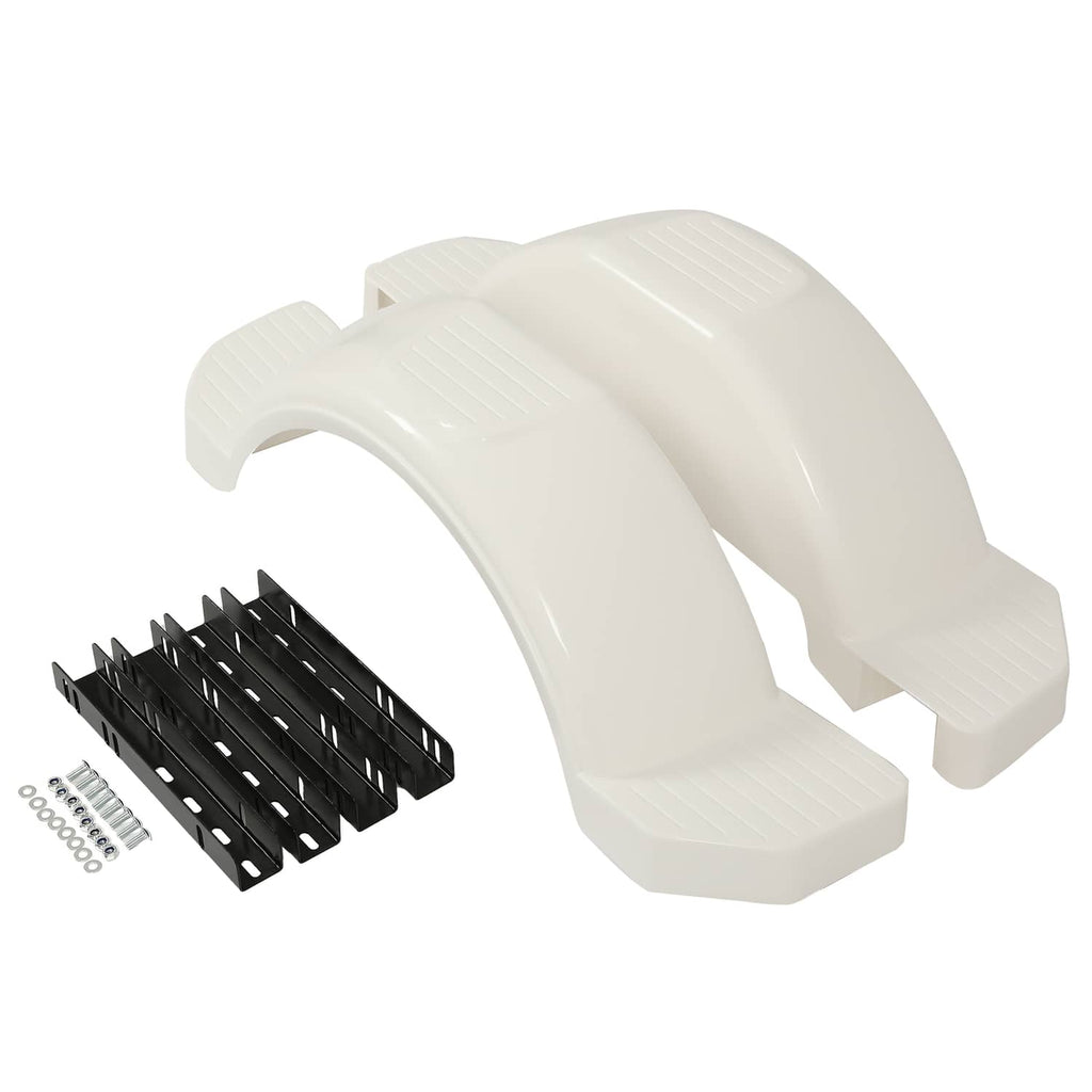 White HDPE trailer fender pair with black brackets and bolt-and-washer hardware