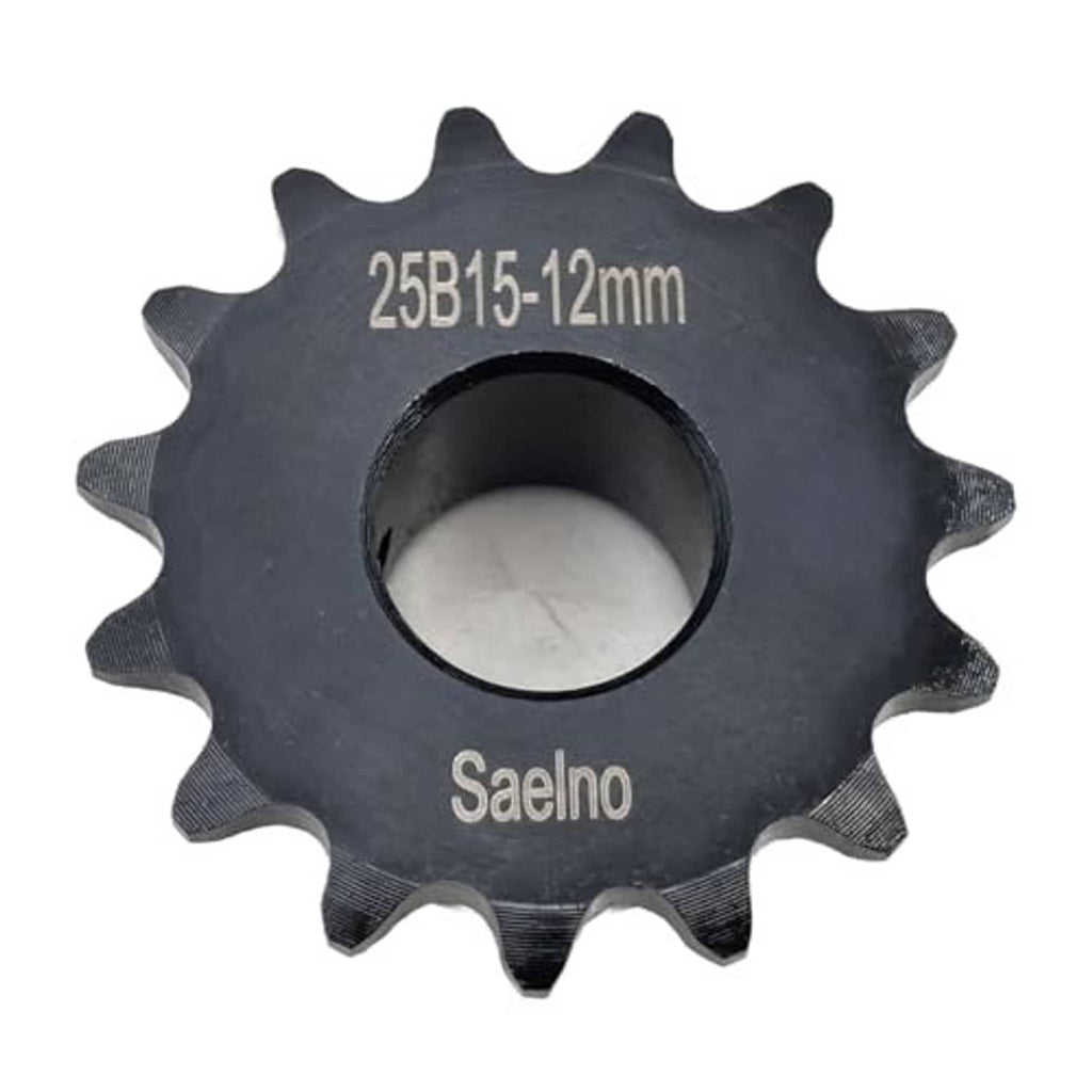 15-tooth sprocket wheel with 12mm bore and Saeho logo, dark black finish, stamped 25B15-12mm