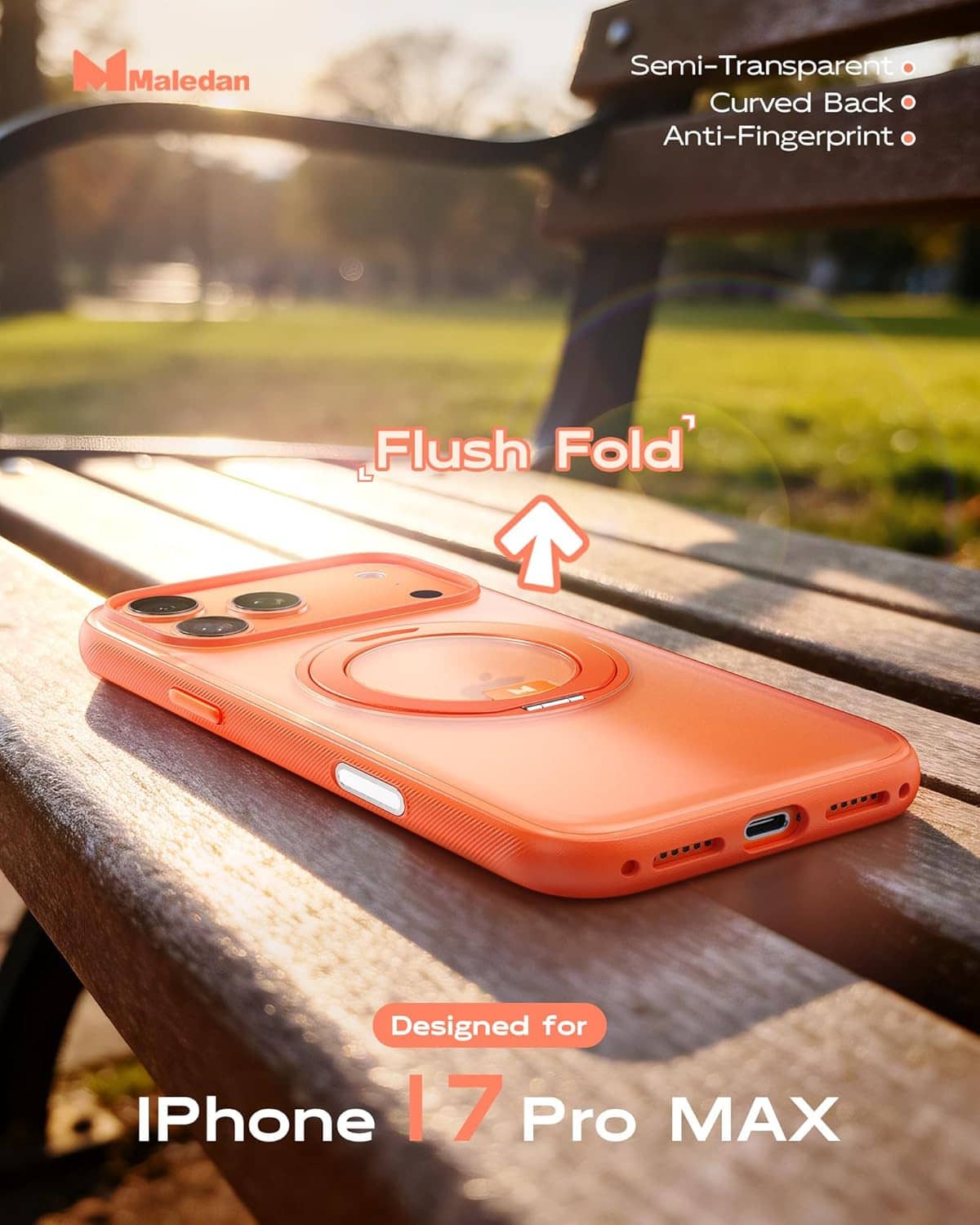Orange iPhone 17 Pro Max case with MagSafe ring and flush-fold kickstand