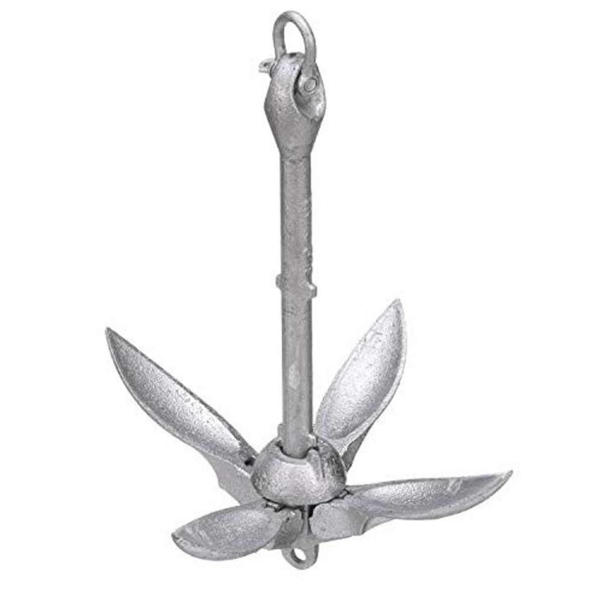 Folding grapnel anchor with flukes extended and a top lifting ring, textured silver-gray metal