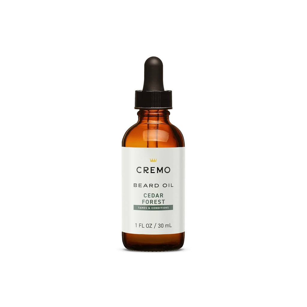Cremo cedar forest beard oil bottle, amber glass and black dropper cap, 1 fl oz