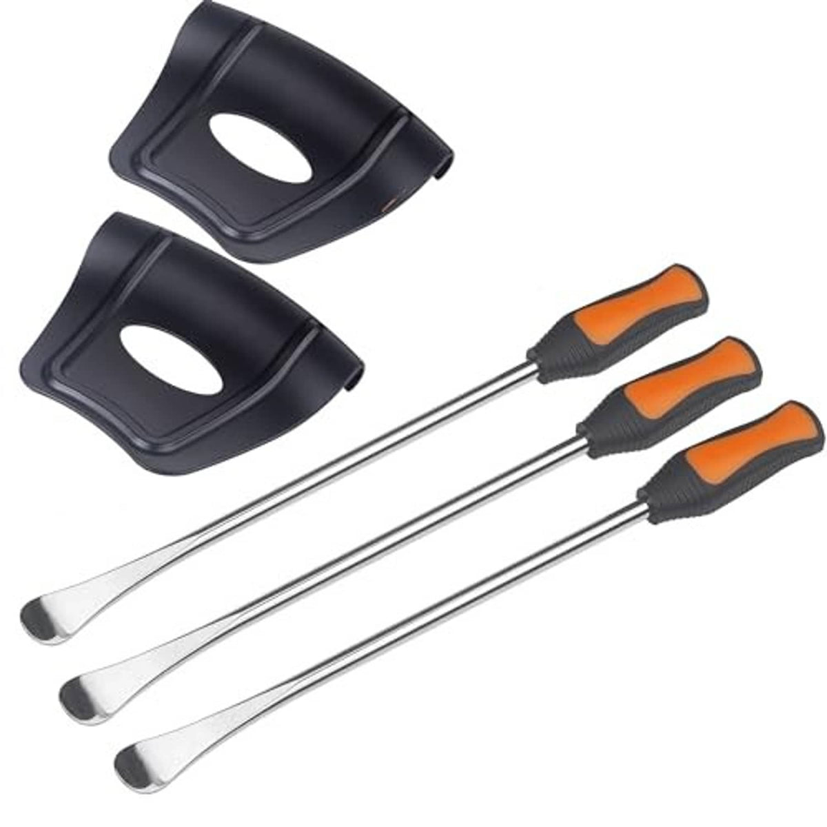 Pair of wheel rim shields and three steel tire spoon levers with orange/black grips