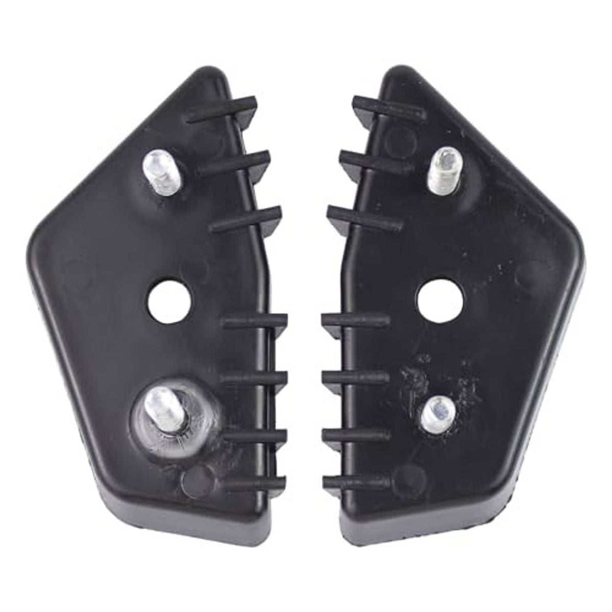 Front bumper support bracket pair, black plastic with metal bolts and side mounting teeth