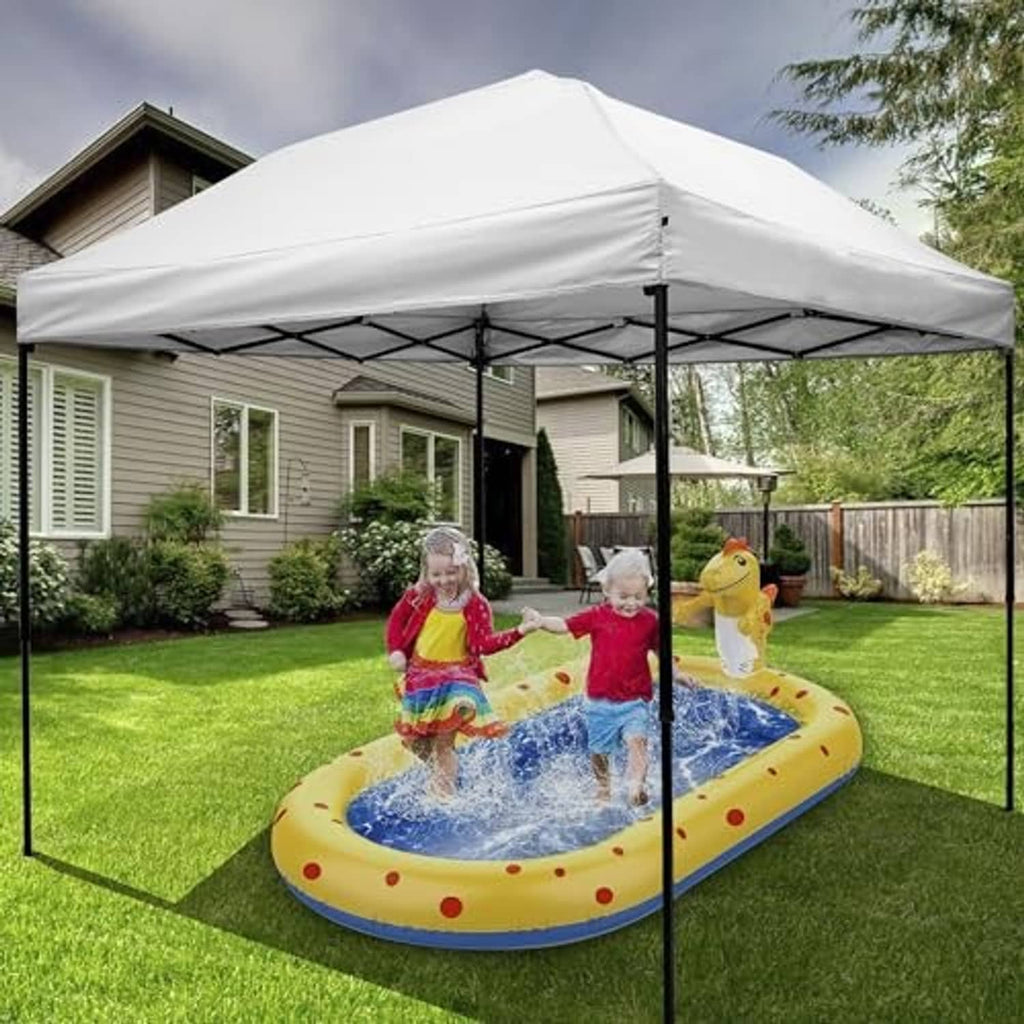 White pop-up canopy replacement top with peaked roof and side valance on frame