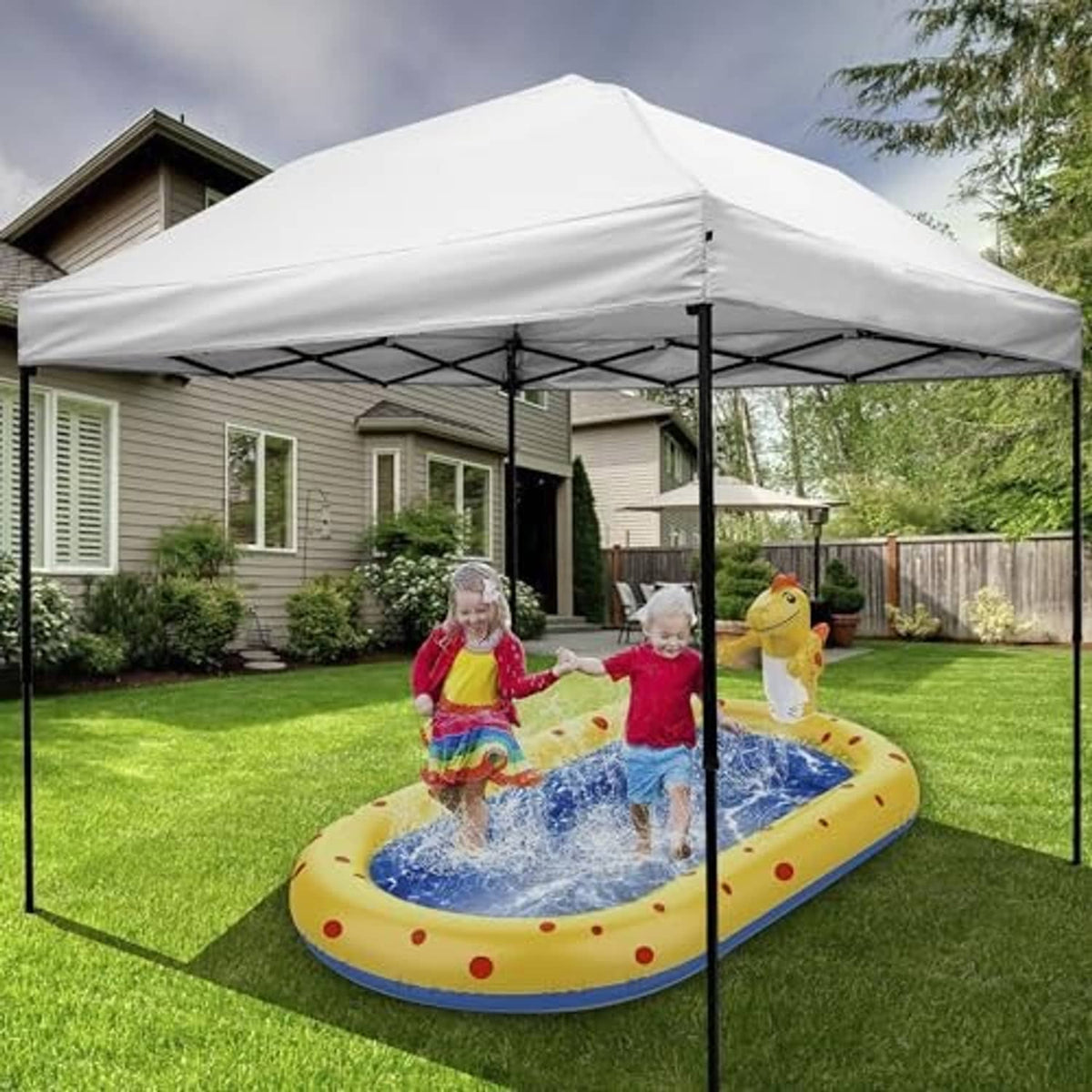 White pop-up canopy replacement top with peaked roof and side valance on frame