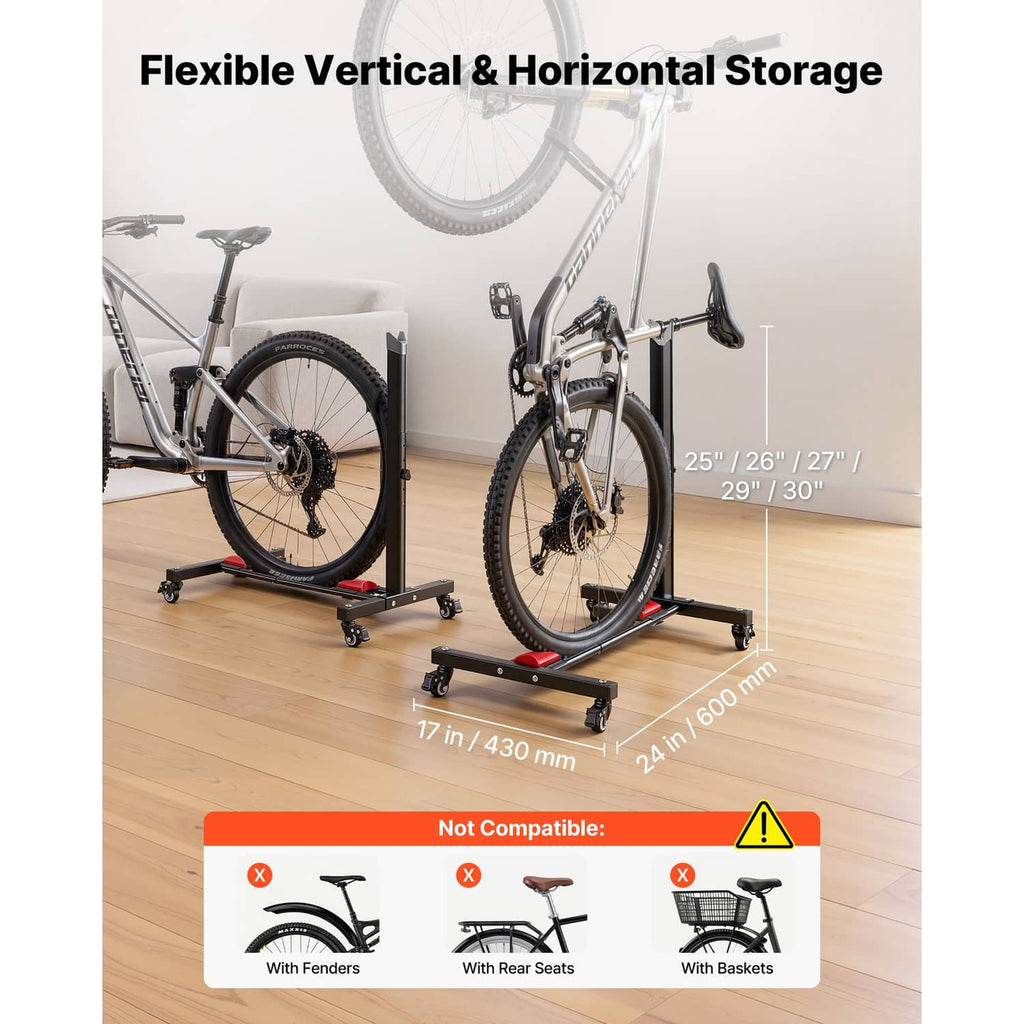 Bike rack stand showing vertical and horizontal storage with black frame and red supports