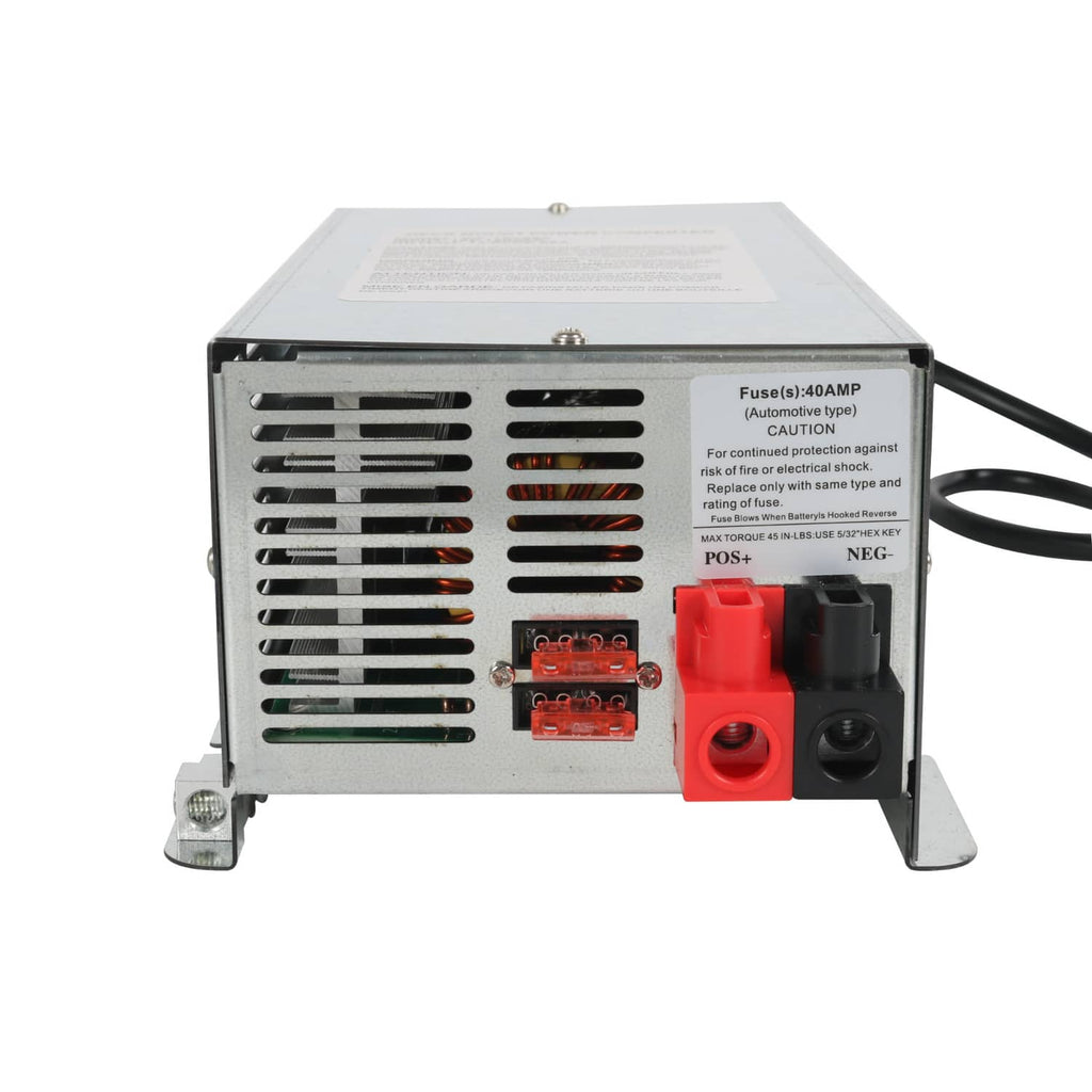 Power converter charger panel with fuse labels, POS+ and NEG terminals, vented case