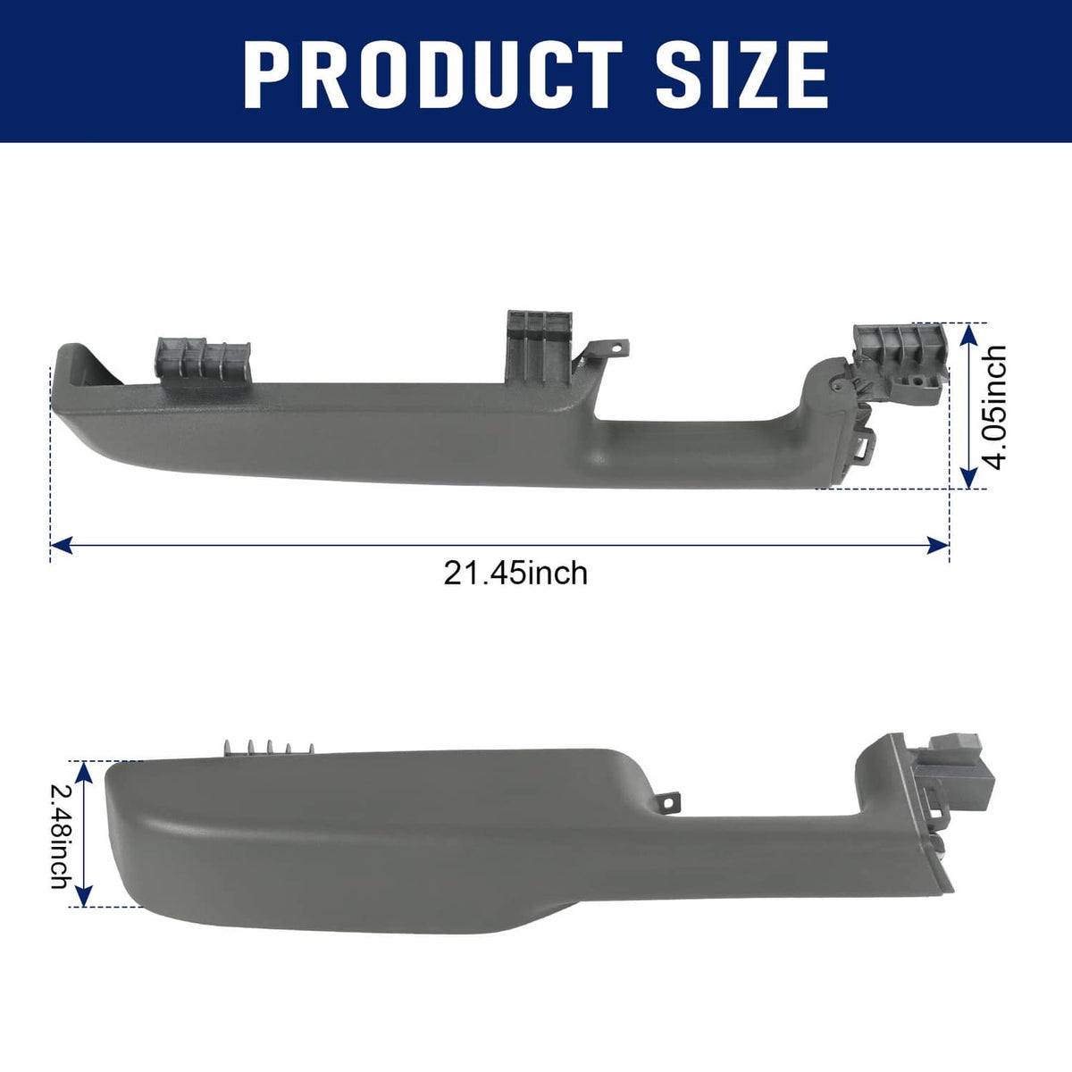 Front driver door armrest handle, long dark gray plastic bar with brackets