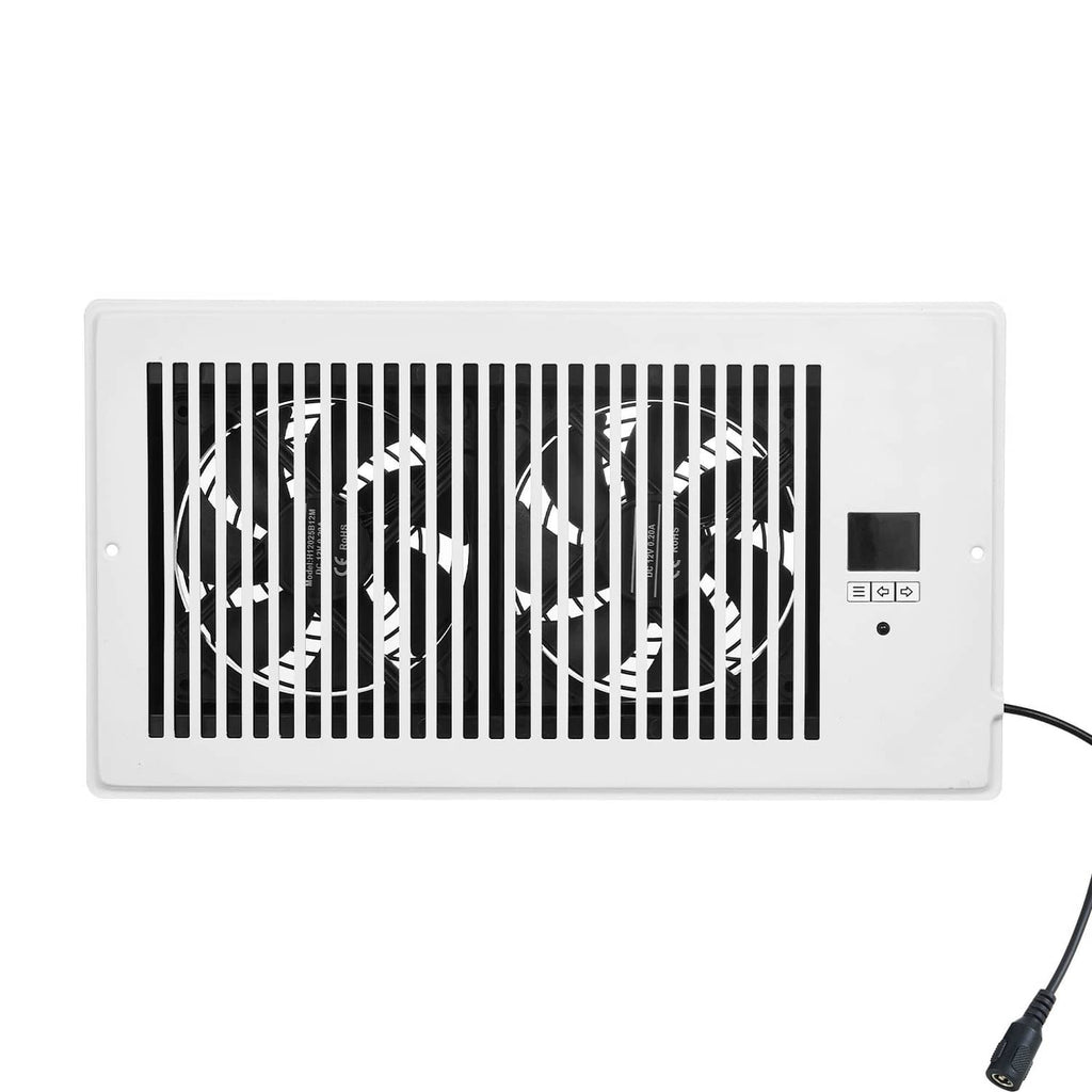 White wall register booster fan with vent grille and small control panel, power cord
