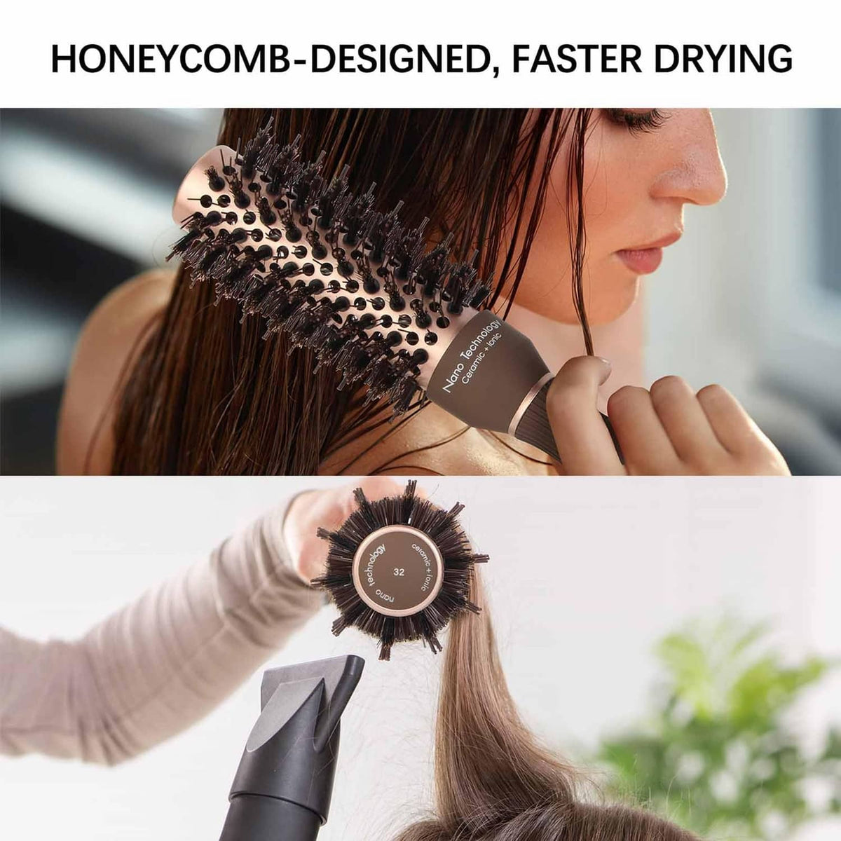 Round hair brush on hair with honeycomb styling text and close-up of bristle barrel