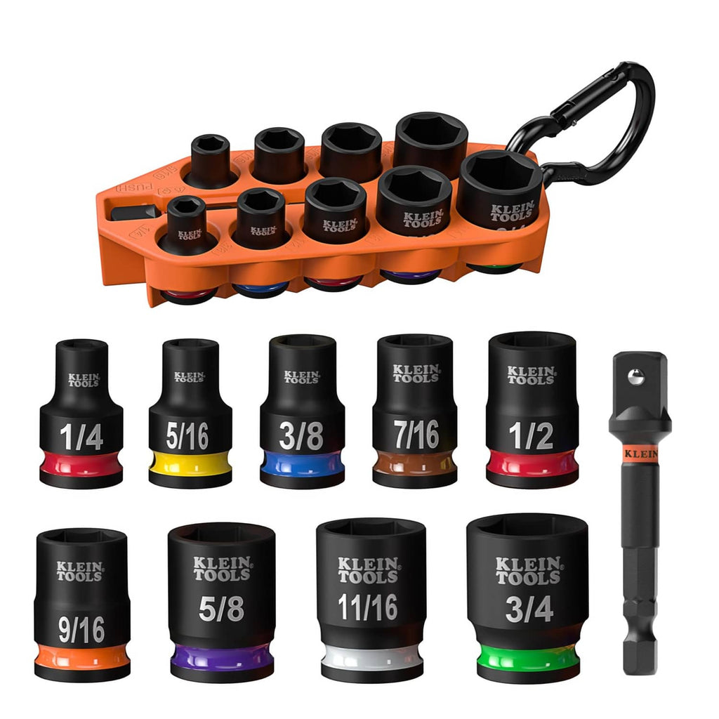 Impact socket set with orange molded holder and 10 SAE sockets in labeled sizes