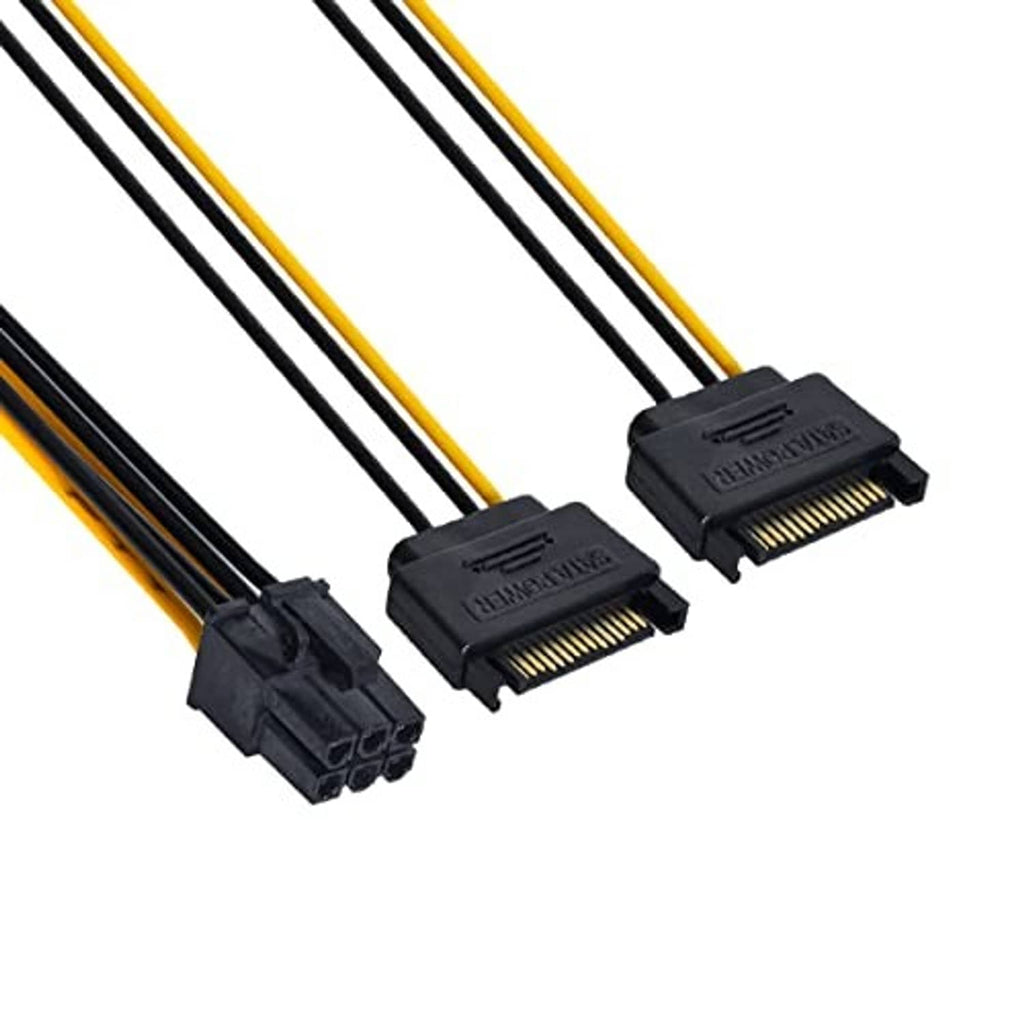 Dual SATA 15-pin to PCIe 6-pin power cable with black housings and gold contacts