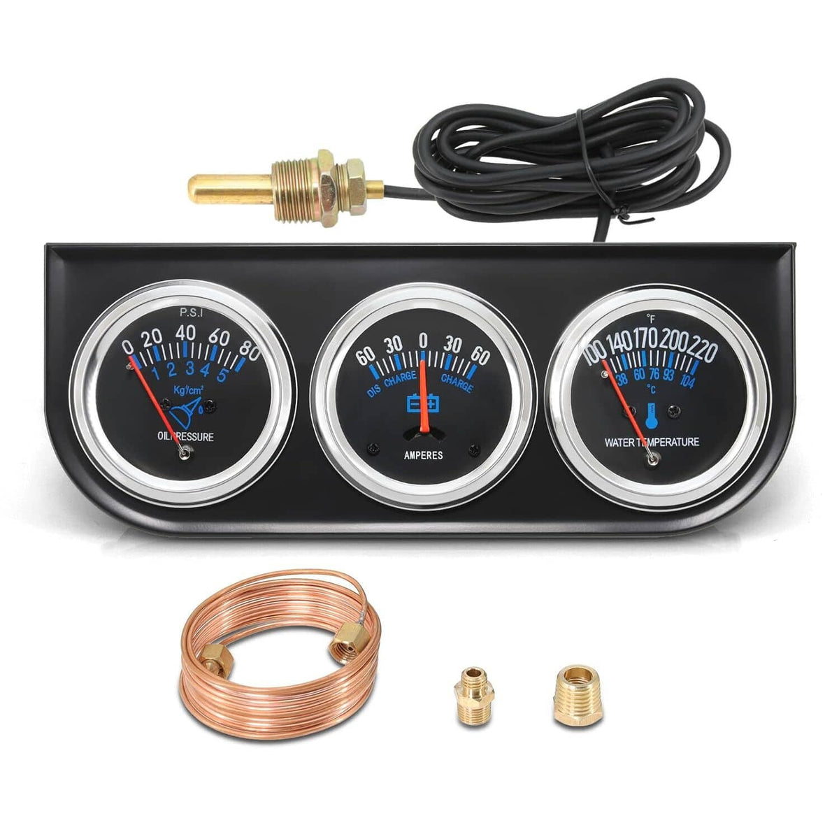 Triple car gauge kit on black panel with three meters, wiring, and copper sensor leads