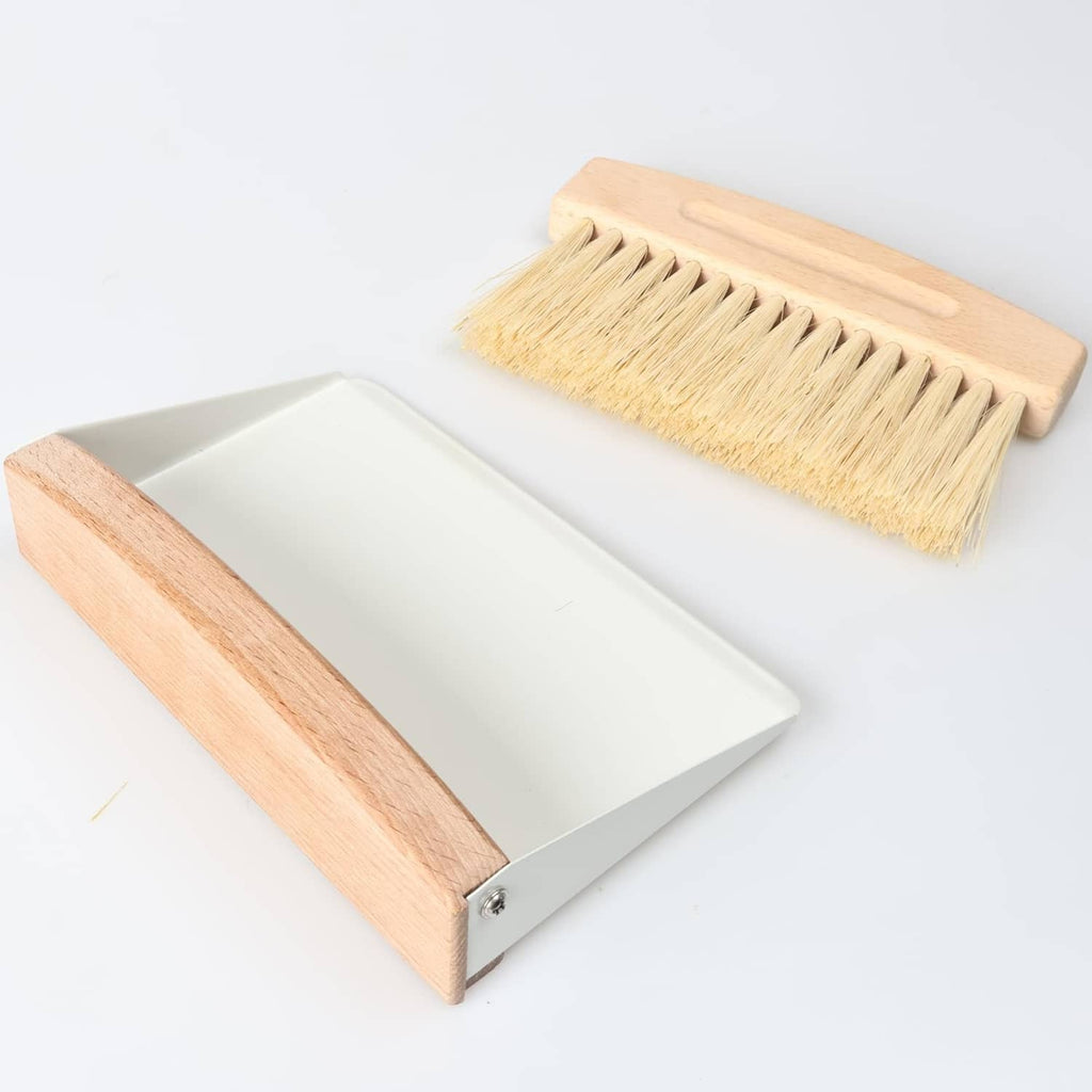 Mini beechwood dustpan and broom brush set with light tan bristles