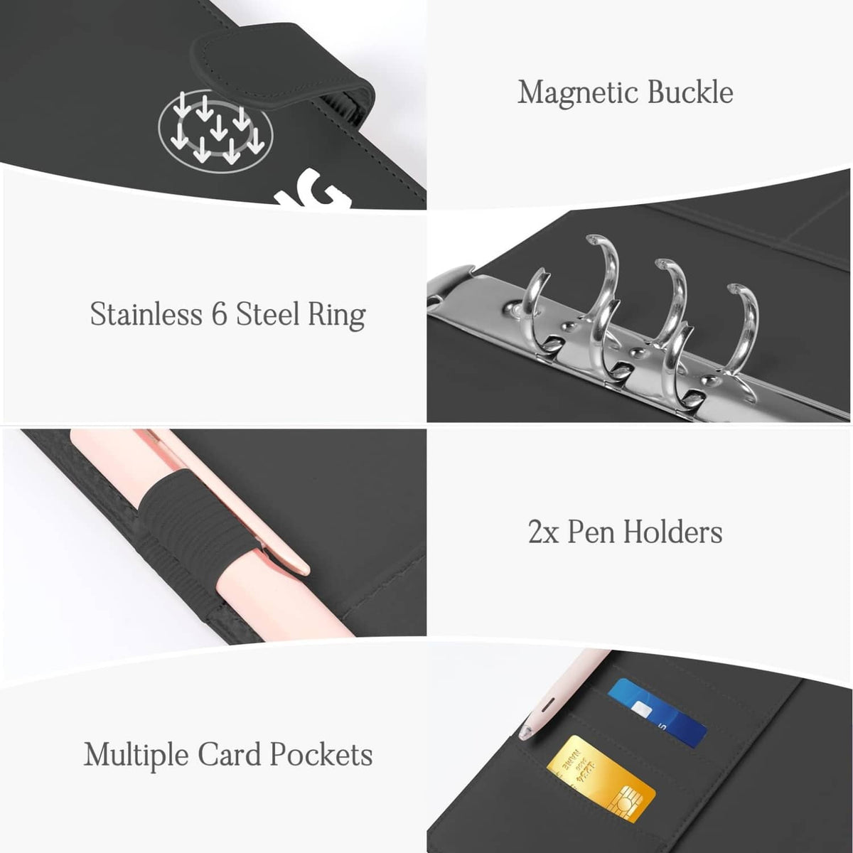 Black binder with magnetic buckle, stainless 6-ring, two pen holders, card pockets