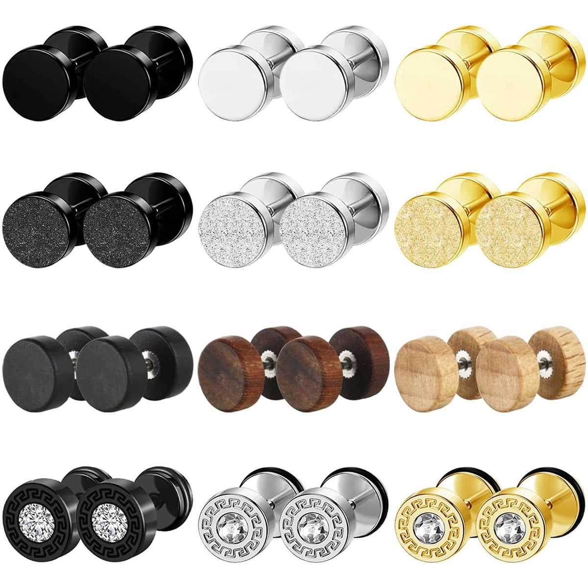 Stainless steel stud earring set with round black, silver, gold, and textured styles