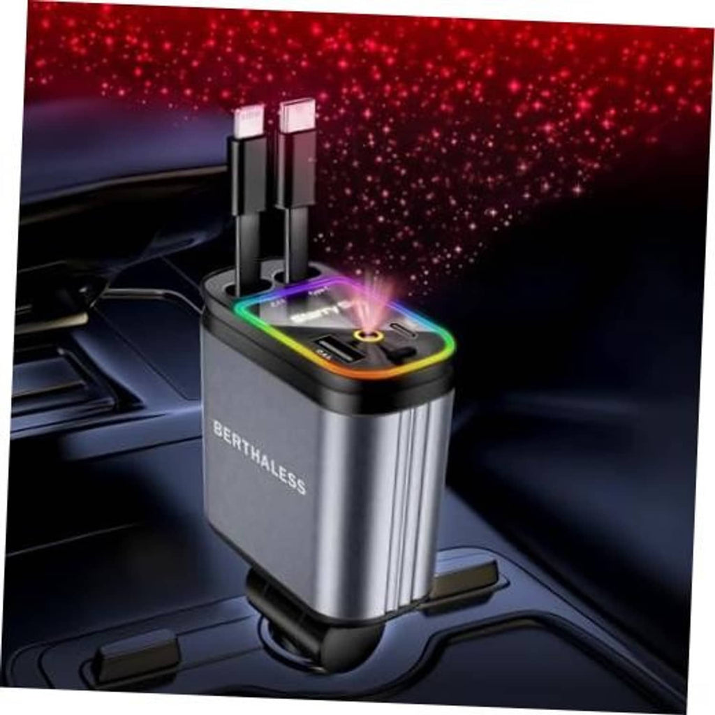 Silver retractable car charger with dual USB connectors on top