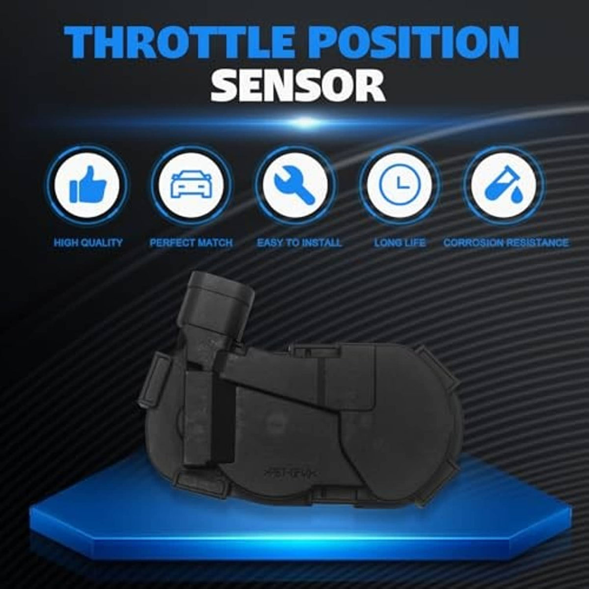 Black throttle position sensor with 6-pin connector and quality indicator icons